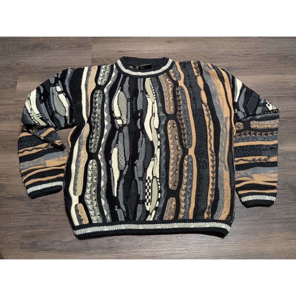 Bergati Mens Large 3D Textured Knit Sweater Coogi Style Abstract Earth Tones L